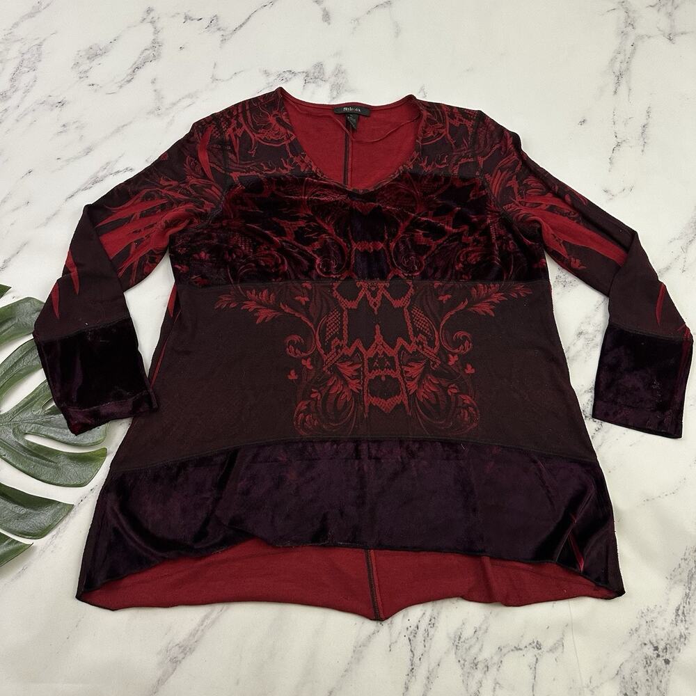 Style & Co Womens Vintage Y2k Velvet Trim Tunic Top Size XL Red Purple Floral
